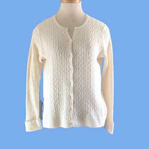 Talbots sz LP pima cotton cable knit cream colored cardigan sweater